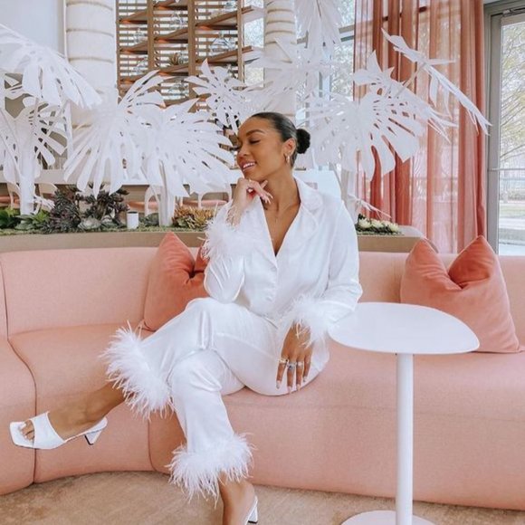 Nadine Merabi "Darcie" Feather Pajamas in White - Size S/M - Picture 4 of 12